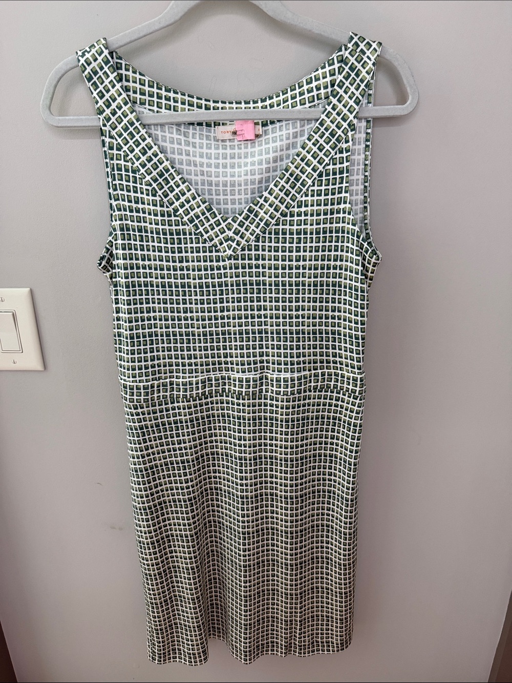 Tory Burch Green and White Grid V-Neck Midi Dress